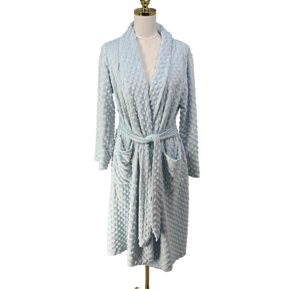 Soft Surroundings Womens Light Blue Popcorn Fleece Shawl Collar Robe L Cozy Soft